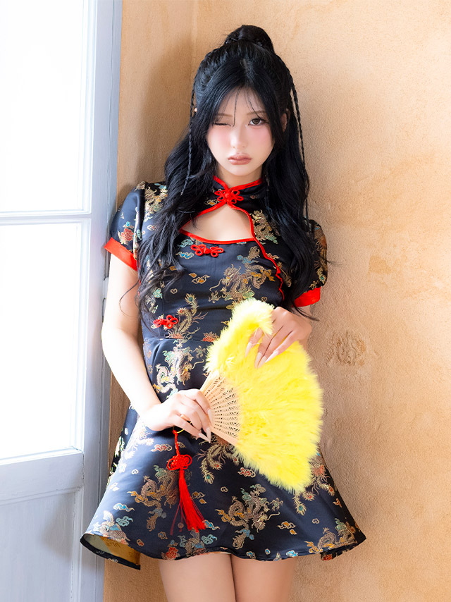 コスプレ チャイナ服 1点set 体型カバー ジャガード風 カットアウト パイピング [1点セット] (ワンピース)【ハロウィン】[tk-hw25107b]のイメージ画像2