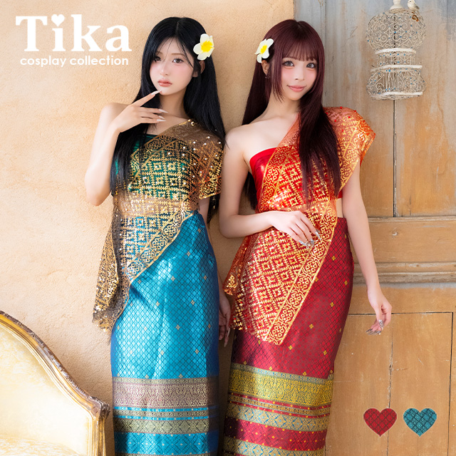 コスプレ タイ民族衣装風 5点set へそ出し アジアン 個性的 (ビスチェ/スカート/髪飾り/ピン/ショール)【ハロウィン】[tk-hw2601-6] メイン画像