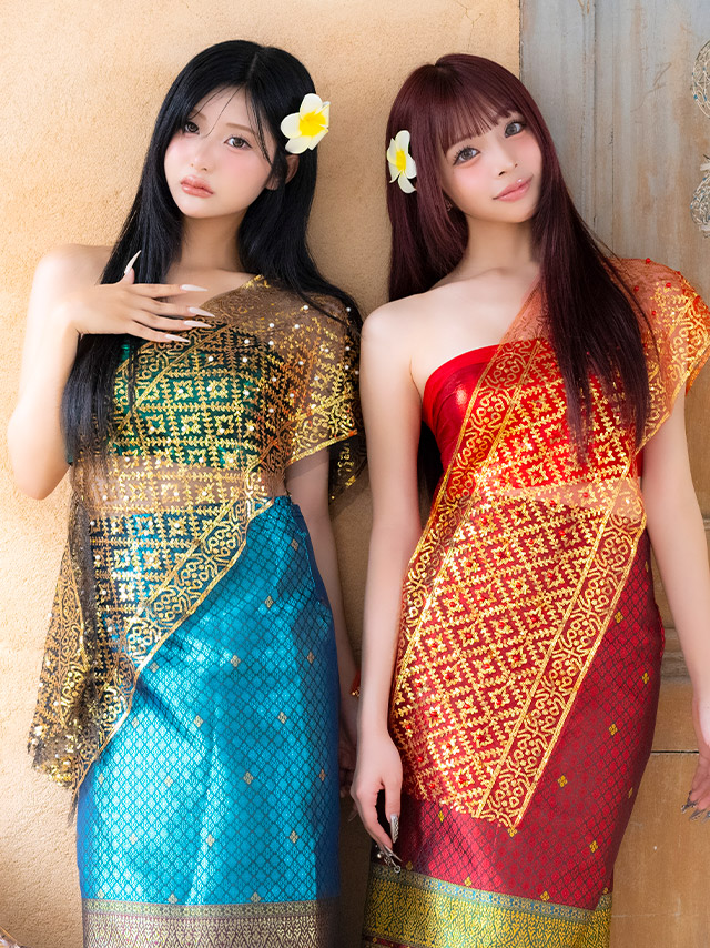 コスプレ タイ民族衣装風 5点set へそ出し アジアン 個性的 (ビスチェ/スカート/髪飾り/ピン/ショール)【ハロウィン】[tk-hw2601-6]イメージ画像1