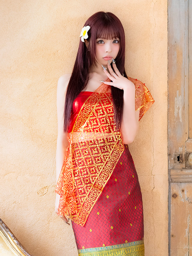 コスプレ タイ民族衣装風 5点set へそ出し アジアン 個性的 (ビスチェ/スカート/髪飾り/ピン/ショール)【ハロウィン】[tk-hw2601-6a]イメージ画像1