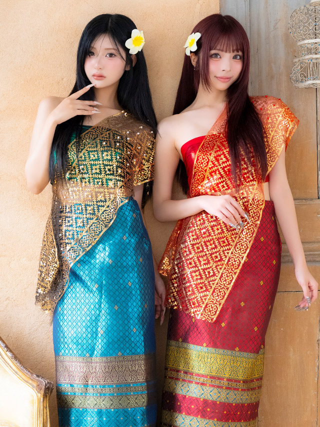 コスプレ タイ民族衣装風 5点set へそ出し アジアン 個性的 (ビスチェ/スカート/髪飾り/ピン/ショール)【ハロウィン】[tk-hw2601-6a] イメージ画像4