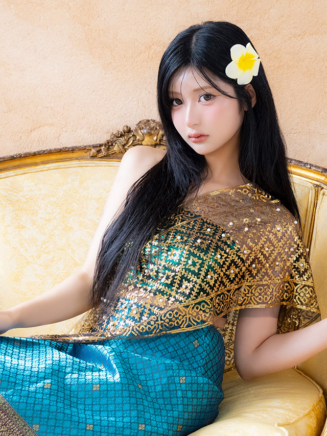 コスプレ タイ民族衣装風 5点set へそ出し アジアン 個性的 (ビスチェ/スカート/髪飾り/ピン/ショール)【ハロウィン】[tk-hw2601-6b]イメージ画像1