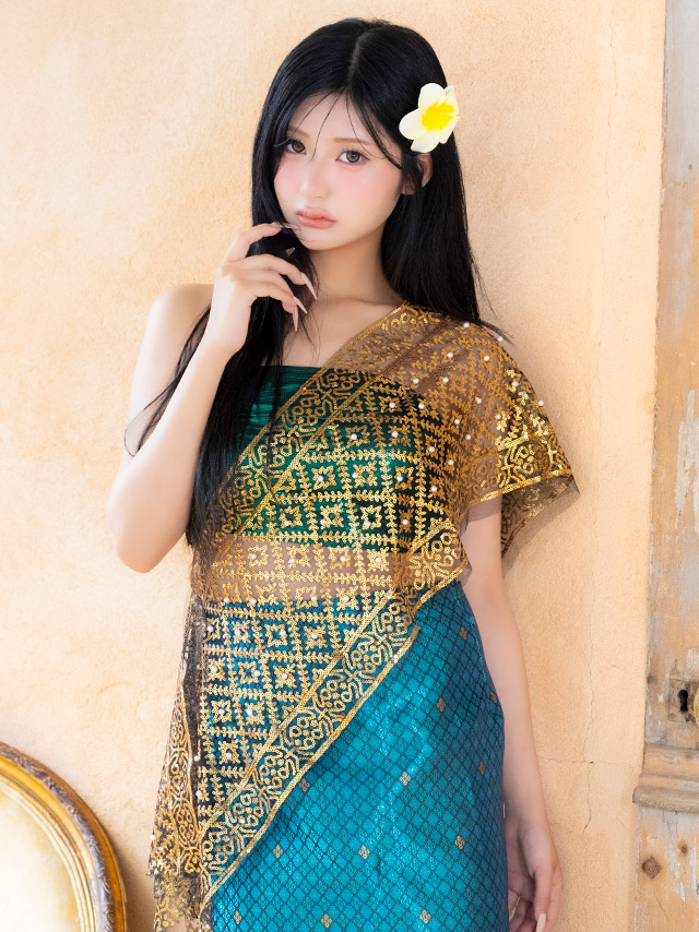 コスプレ タイ民族衣装風 5点set へそ出し アジアン 個性的 (ビスチェ/スカート/髪飾り/ピン/ショール)【ハロウィン】[tk-hw2601-6b]イメージ画像3