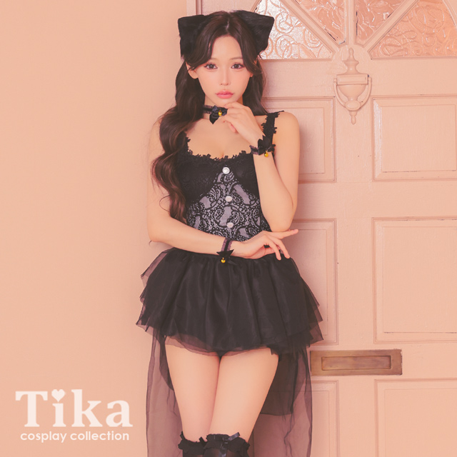コスプレ 黒猫 6点set レース チュール フィッシュテール フレアスカート ガーリー アニマル (チョーカー/トップス/スカート/猫耳/カフス/ニーハイソックス)【ハロウィン】[tk-hw26719]のメイン画像