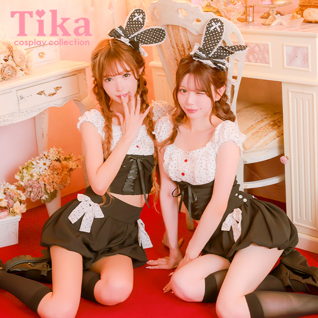 コスプレ バニー 4点set モノトーン ピンドット リボン ドール ガーリー アニマル (トップス/パンツ/帽子/しっぽ)【ハロウィン】[tk-hw26721]のメイン画像