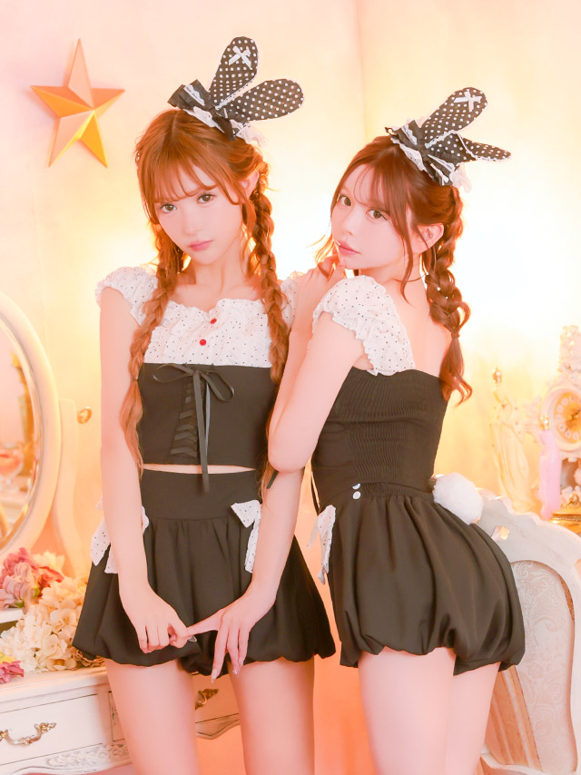 コスプレ バニー 4点set モノトーン ピンドット リボン ドール ガーリー アニマル (トップス/パンツ/帽子/しっぽ)【ハロウィン】[tk-hw26721]のイメージ画像2