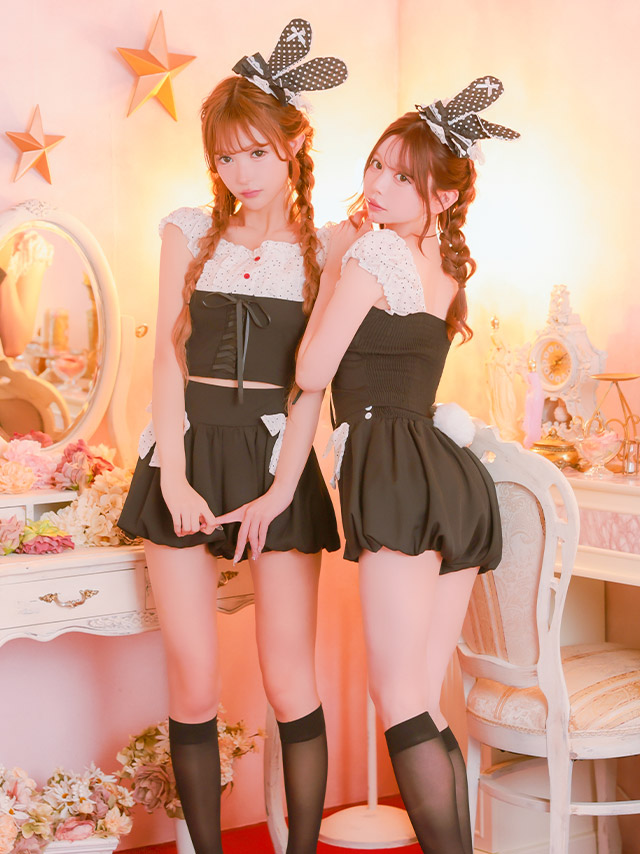コスプレ バニー 4点set モノトーン ピンドット リボン ドール ガーリー アニマル (トップス/パンツ/帽子/しっぽ)【ハロウィン】[tk-hw26721]のイメージ画像3