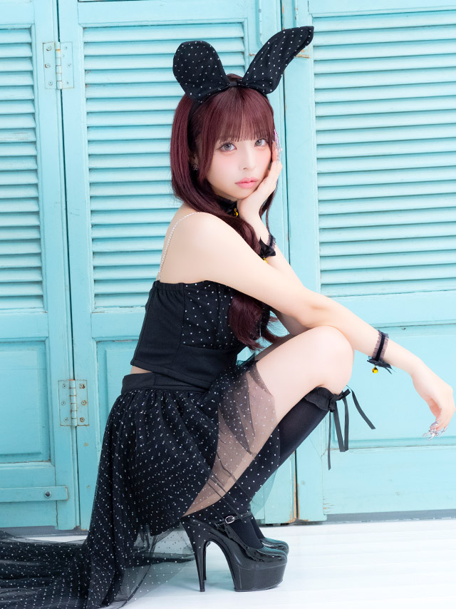 コスプレ バニー 3点set ラメドット チュール フロントジップ へそ出し フィッシュテール フレアスカート ガーリー アニマル (チョーカーリボン/ワンピース/カチューシャ)【ハロウィン】[tk-hw272302a]のイメージ画像3