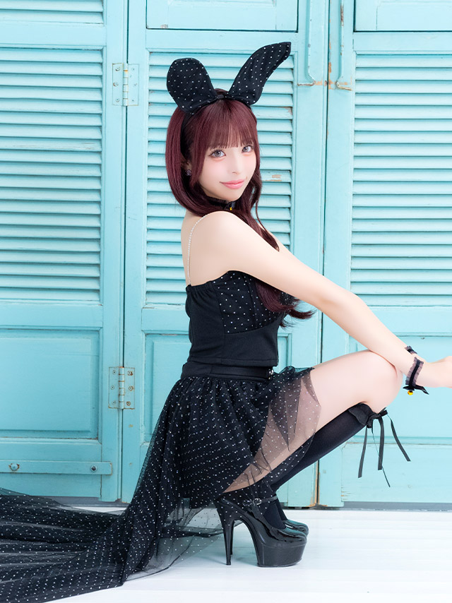 コスプレ バニー 3点set ラメドット チュール フロントジップ へそ出し フィッシュテール フレアスカート ガーリー アニマル (チョーカーリボン/ワンピース/カチューシャ)【ハロウィン】[tk-hw272302a]のイメージ画像5