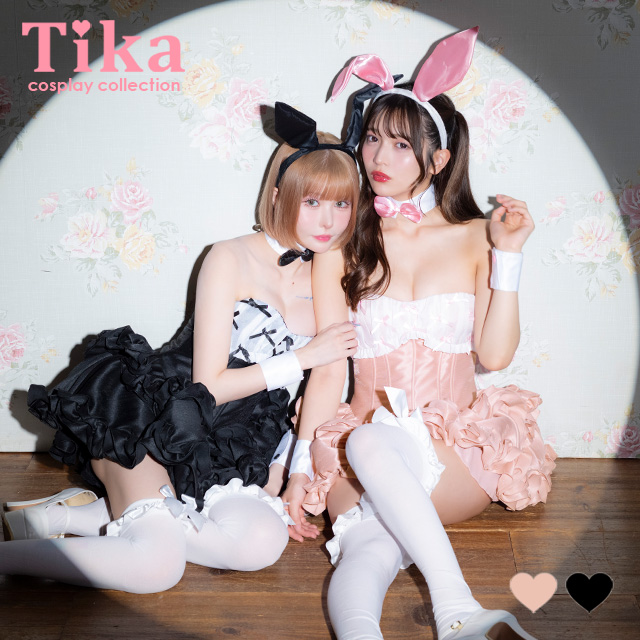 コスプレ バニー 5点set ベアトップ リボン バイカラー ローズフリル フレアスカート メイド風 ガーリー アニマル (つけ襟/ワンピース/カチューシャ/カフス/しっぽ)【ハロウィン】[tk-hw8810]のメイン画像