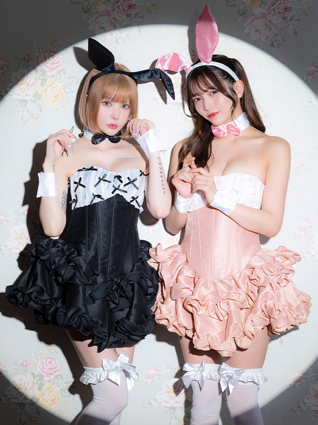 コスプレ バニー 5点set ベアトップ リボン バイカラー ローズフリル フレアスカート メイド風 ガーリー アニマル (つけ襟/ワンピース/カチューシャ/カフス/しっぽ)【ハロウィン】[tk-hw8810]のイメージ画像2