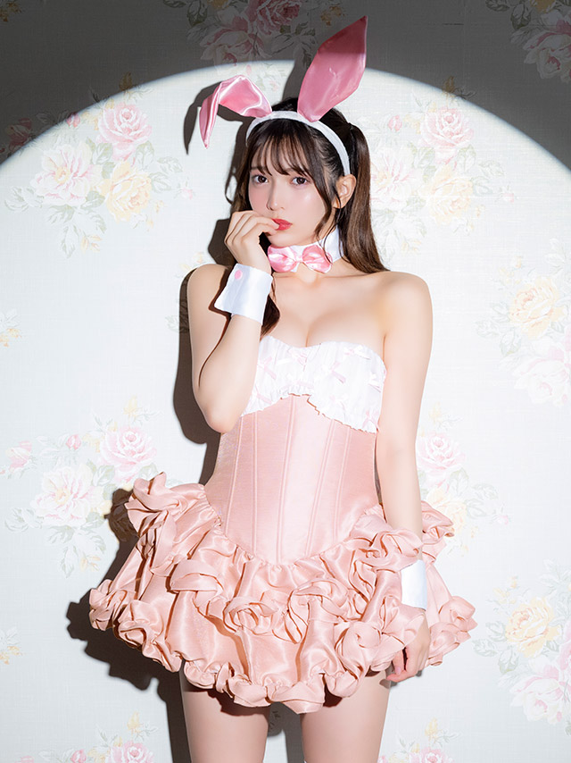 コスプレ バニー 5点set ベアトップ リボン バイカラー ローズフリル フレアスカート メイド風 ガーリー アニマル (つけ襟/ワンピース/カチューシャ/カフス/しっぽ)【ハロウィン】[tk-hw8810]のイメージ画像6