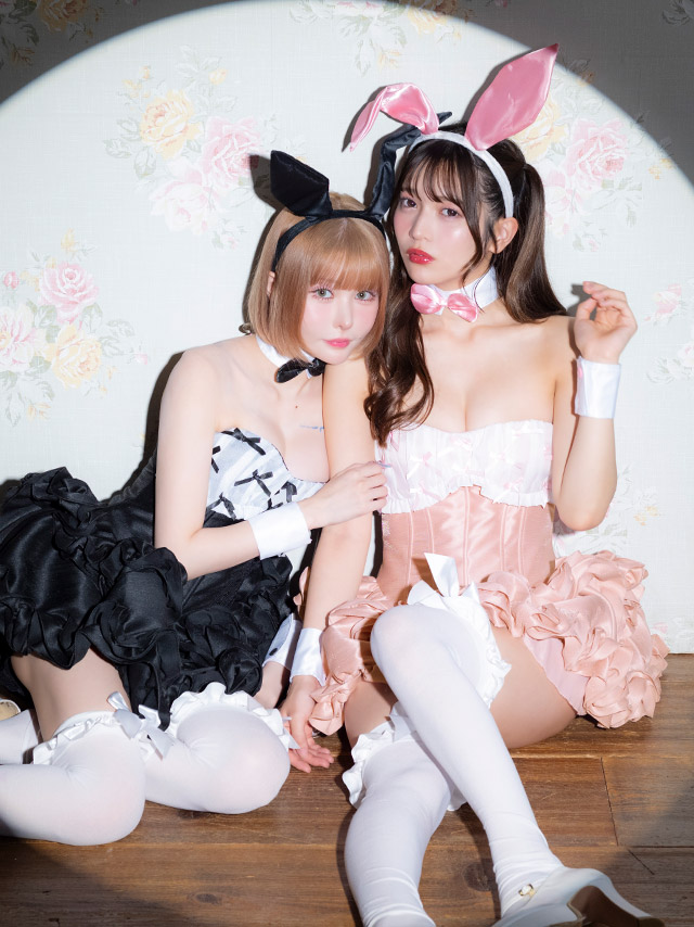 コスプレ バニー 5点set ベアトップ リボン バイカラー ローズフリル フレアスカート メイド風 ガーリー アニマル (つけ襟/ワンピース/カチューシャ/カフス/しっぽ)【ハロウィン】[tk-hw8810a]のイメージ画像5