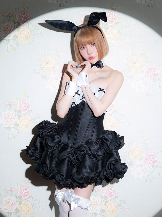 コスプレ バニー 5点set ベアトップ リボン バイカラー ローズフリル フレアスカート メイド風 ガーリー アニマル (つけ襟/ワンピース/カチューシャ/カフス/しっぽ)【ハロウィン】[tk-hw8810]のイメージ画像8