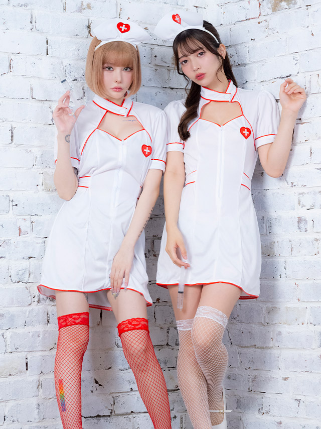 コスプレ ナース 体型カバー 制服 バストカットアウト パイピング フレアスカート [3点セット] (ワンピース/カチューシャ/注射器)【ハロウィン】[tk-hw893547]のイメージ画像2