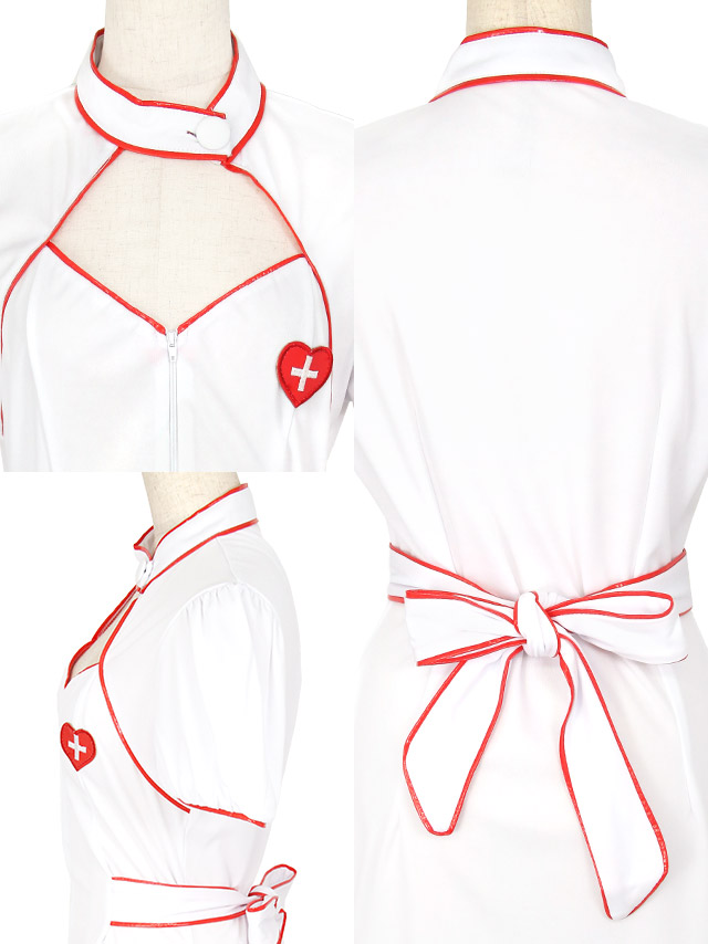 コスプレ ナース 体型カバー 制服 バストカットアウト パイピング フレアスカート [3点セット] (ワンピース/カチューシャ/注射器)【ハロウィン】[tk-hw893547]の詳細アップ