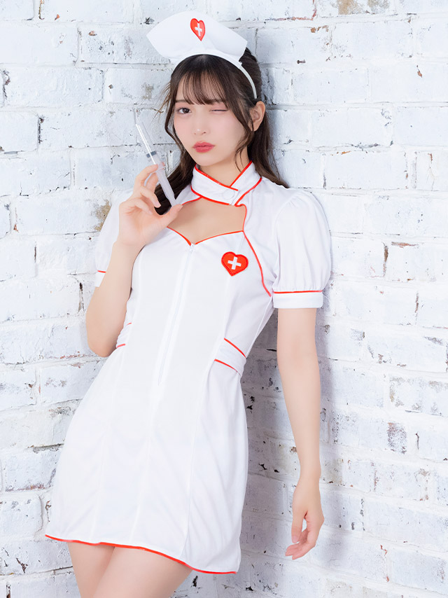 コスプレ ナース 体型カバー 制服 バストカットアウト パイピング フレアスカート [3点セット] (ワンピース/カチューシャ/注射器)【ハロウィン】[tk-hw893547]のイメージ画像2