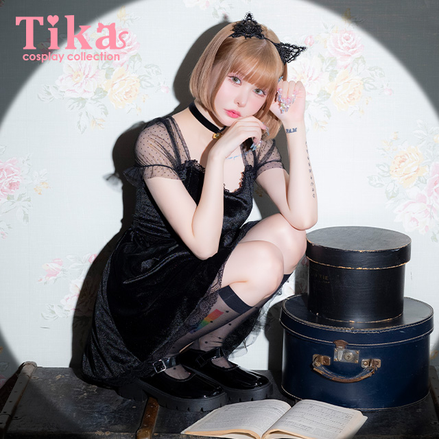 コスプレ 猫 3点set 体型カバー 黒猫 ドットシアースリーブ ベロア レース フレアスカート ガーリー アニマル (ワンピース/チョーカー/カチューシャ)【ハロウィン】[tk-hw897408a]のメイン画像
