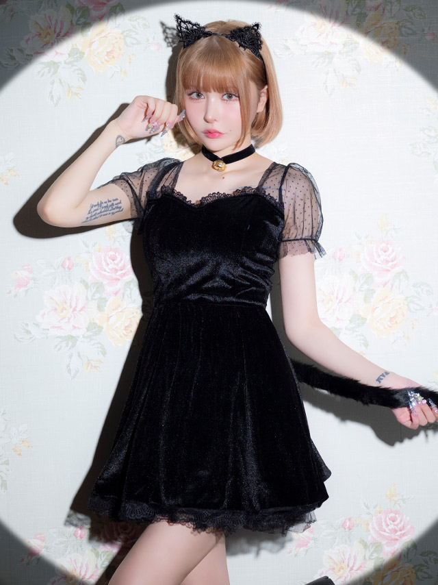 コスプレ 猫 3点set 体型カバー 黒猫 ドットシアースリーブ ベロア レース フレアスカート ガーリー アニマル (ワンピース/チョーカー/カチューシャ)【ハロウィン】[tk-hw897408a]のイメージ画像2