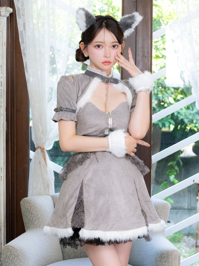コスプレ オオカミ アニマル 7点set 体型カバー フレアスカート ふわふわウルフ ガーリー (ワンピース/ボレロ/コルセット/カチューシャ/カフス/しっぽ/透明ストラップ)【ハロウィン】[tk-hw906384a]のイメージ画像1