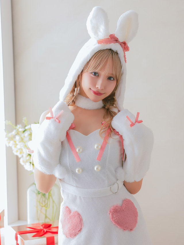ハロウィン バニーガール もこもこ ハートモチーフ ガーリー ラブリー アニマル コスプレ 5点セットのフロントバック全身