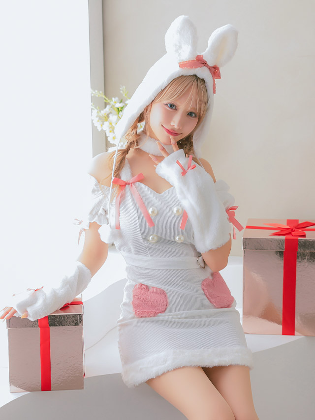 ハロウィン バニーガール もこもこ ハートモチーフ ガーリー ラブリー アニマル コスプレ 5点セットのフロントバック全身