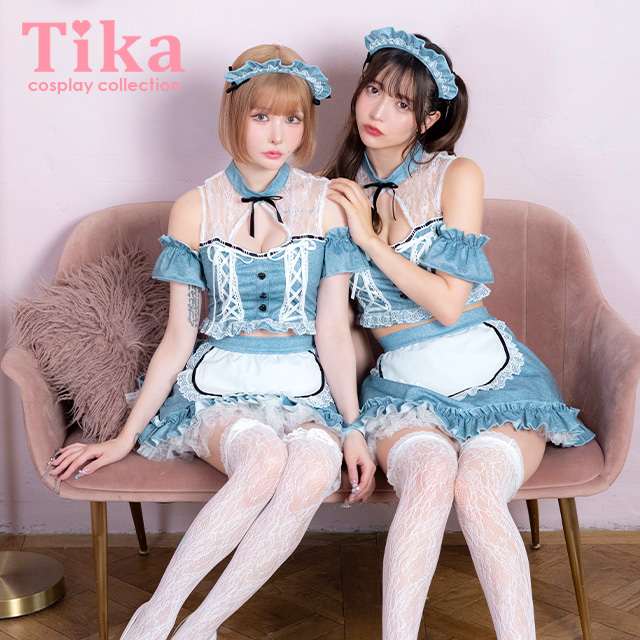 コスプレ メイド 5点set デニム風 レースアップ フリル リボン へそ出し ガーリー (トップス/スカート/カチューシャ/付け袖)【ハロウィン】[tk-hw912514]のメイン画像