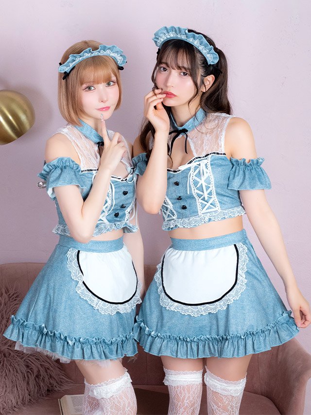 コスプレ メイド 5点set デニム風 レースアップ フリル リボン へそ出し ガーリー (トップス/スカート/カチューシャ/付け袖)【ハロウィン】[tk-hw912514]のイメージ画像1