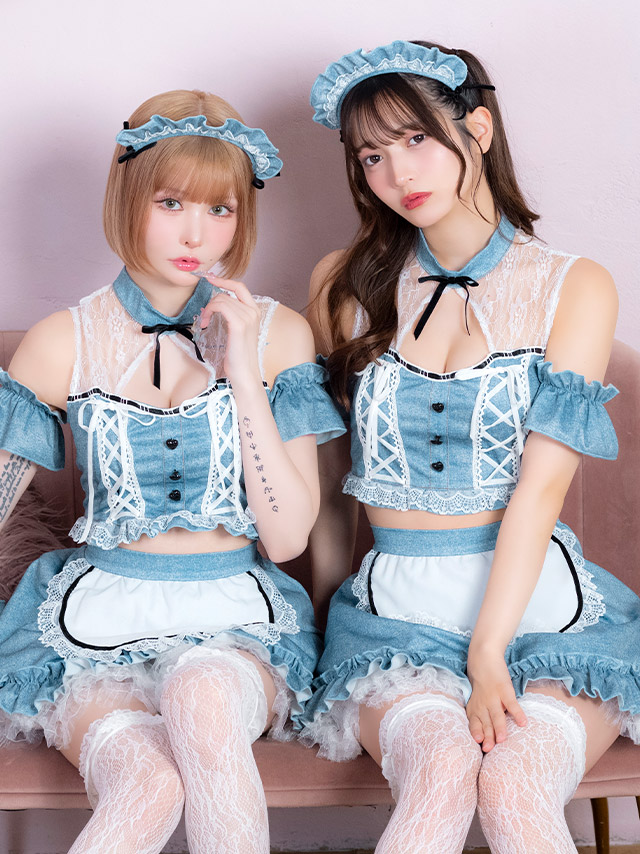 コスプレ メイド 5点set デニム風 レースアップ フリル リボン へそ出し ガーリー (トップス/スカート/カチューシャ/付け袖)【ハロウィン】[tk-hw912514]のイメージ画像2