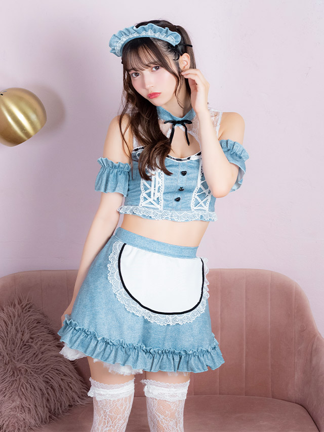 コスプレ メイド 5点set デニム風 レースアップ フリル リボン へそ出し ガーリー (トップス/スカート/カチューシャ/付け袖)【ハロウィン】[tk-hw912514a]のイメージ画像2