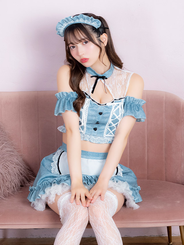 コスプレ メイド 5点set デニム風 レースアップ フリル リボン へそ出し ガーリー (トップス/スカート/カチューシャ/付け袖)【ハロウィン】[tk-hw912514a]のイメージ画像3