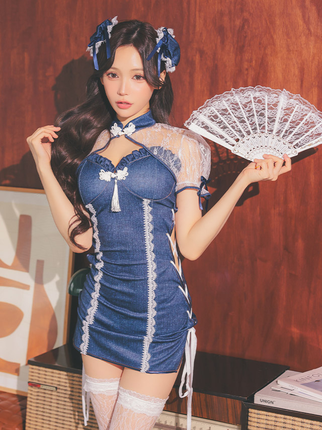 コスプレ チャイナ服 4点set デニム風 レースパイピング ボディコン サイドレースアップ (ジャケット/ワンピース/お団子カバー/透明ストラップ)【ハロウィン】[tk-hw912538]のイメージ画像2