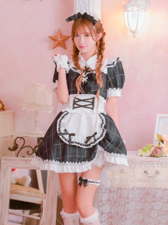 コスプレ メイド 5点set 制服 体型カバー タータンチェック フリル リボン ラブリー ガーリー (ワンピース/エプロン/カチューシャ/カフス/ガーターリング)【ハロウィン】[tk-hw916253]のイメージ画像1