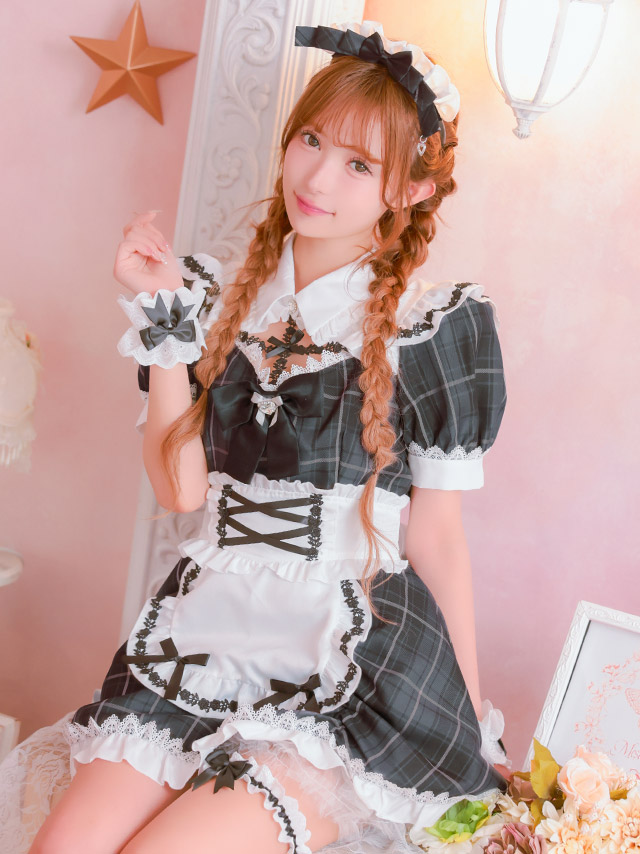 コスプレ メイド 5点set 制服 体型カバー タータンチェック フリル リボン ラブリー ガーリー (ワンピース/エプロン/カチューシャ/カフス/ガーターリング)【ハロウィン】[tk-hw916253]のイメージ画像5