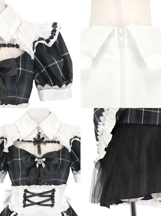 コスプレ メイド 5点set 制服 体型カバー タータンチェック フリル リボン ラブリー ガーリー (ワンピース/エプロン/カチューシャ/カフス/ガーターリング)【ハロウィン】[tk-hw916253]の詳細アップ