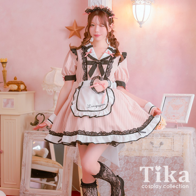 コスプレ メイド 4点set 制服 体型カバー ブラックレース リボン ラブリー ストライプ ガーリー (カチューシャ/カフス/ワンピース/エプロン)【ハロウィン】[tk-hw916260]のメイン画像