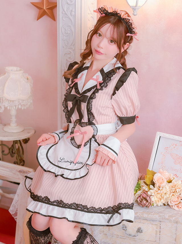 コスプレ メイド 4点set 制服 体型カバー ブラックレース リボン ラブリー ストライプ ガーリー (カチューシャ/カフス/ワンピース/エプロン)【ハロウィン】[tk-hw916260]のイメージ画像1