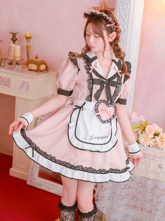 コスプレ メイド 4点set 制服 体型カバー ブラックレース リボン ラブリー ストライプ ガーリー (カチューシャ/カフス/ワンピース/エプロン)【ハロウィン】[tk-hw916260]のイメージ画像3