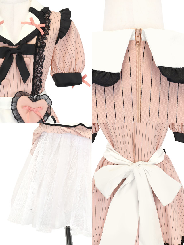 コスプレ メイド 4点set 制服 体型カバー ブラックレース リボン ラブリー ストライプ ガーリー (カチューシャ/カフス/ワンピース/エプロン)【ハロウィン】[tk-hw916260]の詳細アップ