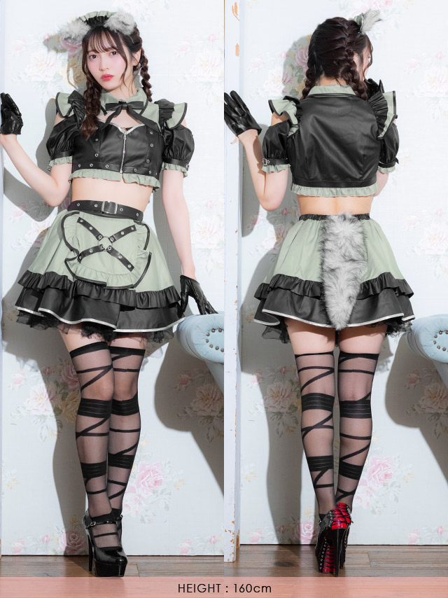 コスプレ 6点セット メイド へそ出し ウルフ (リボンタイ/トップス/スカート/カチューシャ/グローブ/しっぽ)【ハロウィン】[tk-hw916284]のフロントバック全身