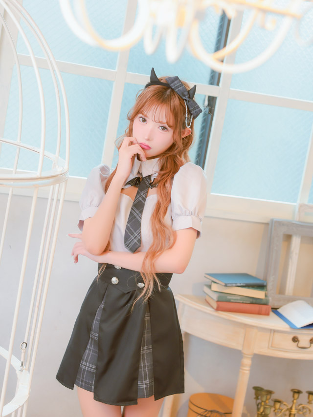 コスプレ デビル 4点set 制服 プレッピー 体型カバー フレアスカート 悪魔 (ワンピース/ネクタイ/コルセット/カチューシャ)【ハロウィン】[tk-hw916390a]のイメージ画像3
