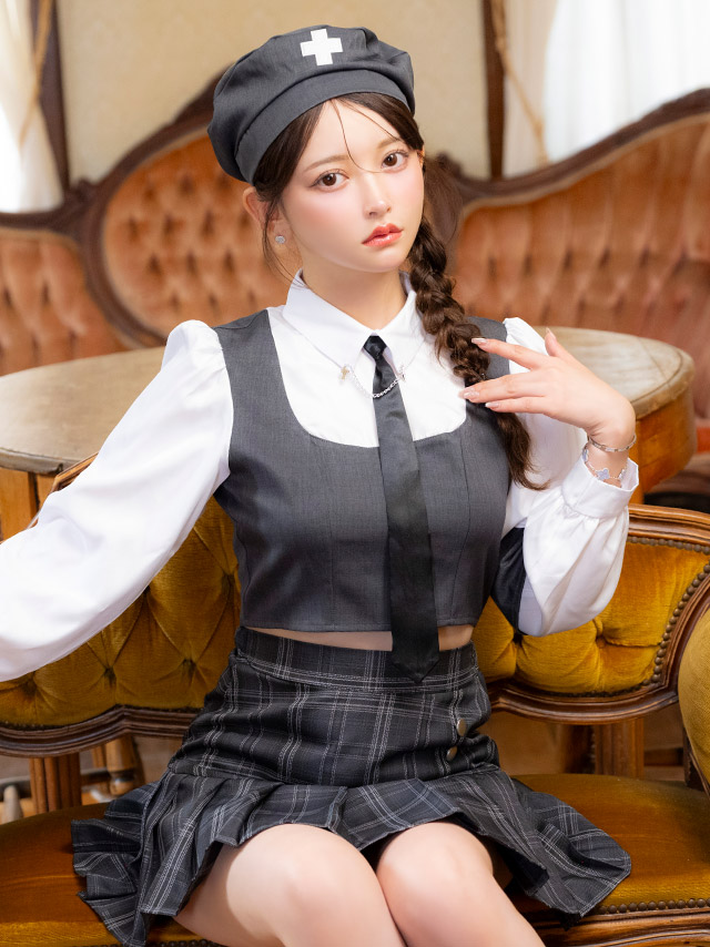 コスプレ ナース 6点set 制服 体型カバー フリル フレアスカート へそ出し (ボレロ/トップス/スカート/帽子/透明ストラップ/アームカバー)【ハロウィン】[tk-hw912996] イメージ画像3