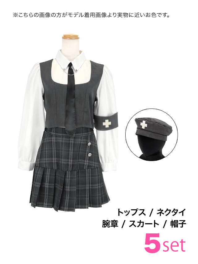 コスプレ 囚人 4点set サスペンダー付き チュール オフショルダー へそ出し (トップス/スカート/帽子/チョーカー&カフス)【ハロウィン】[tk-hwjj94072a]のセット内容