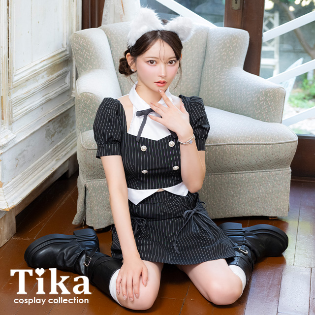 コスプレ 猫 アニマル 4点set ピンストライプ プレッピー (トップス/スカート/カチューシャ/リボン)【ハロウィン】[tk-hw916420]のメイン画像