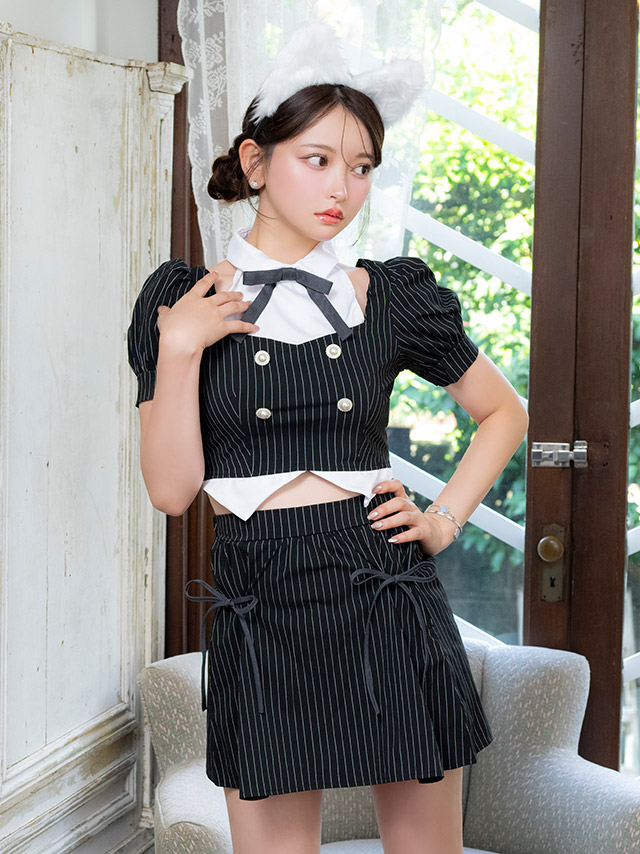 コスプレ 猫 アニマル 4点set ピンストライプ プレッピー (トップス/スカート/カチューシャ/リボン)【ハロウィン】[tk-hw916420]のイメージ画像1