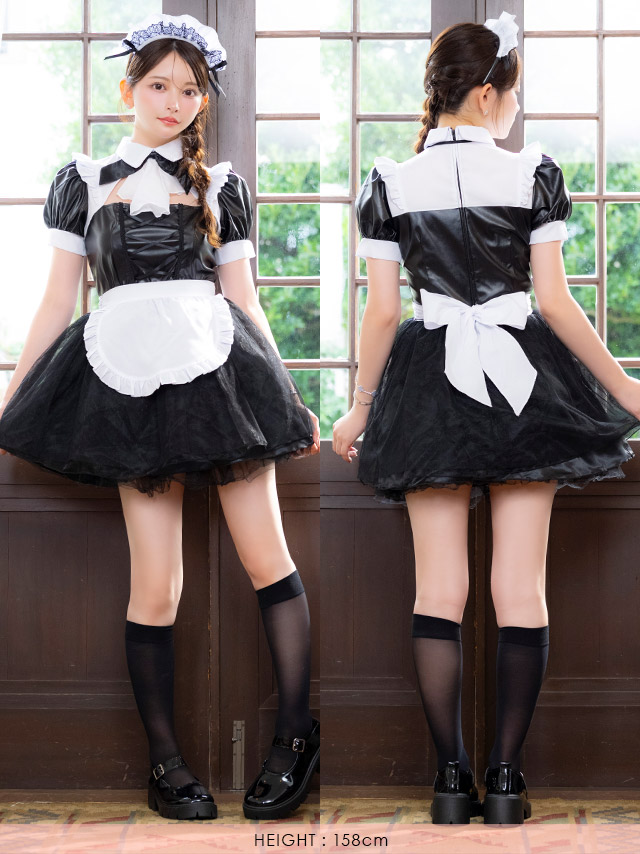 コスプレ メイド 5点set ランジェリー風 ラブリー フリル リボン へそ出し ガーリー (トップス/スカート/カチューシャ/カフス/ガーターリング)【ハロウィン】[tk-hw2088]のフロントバック全身