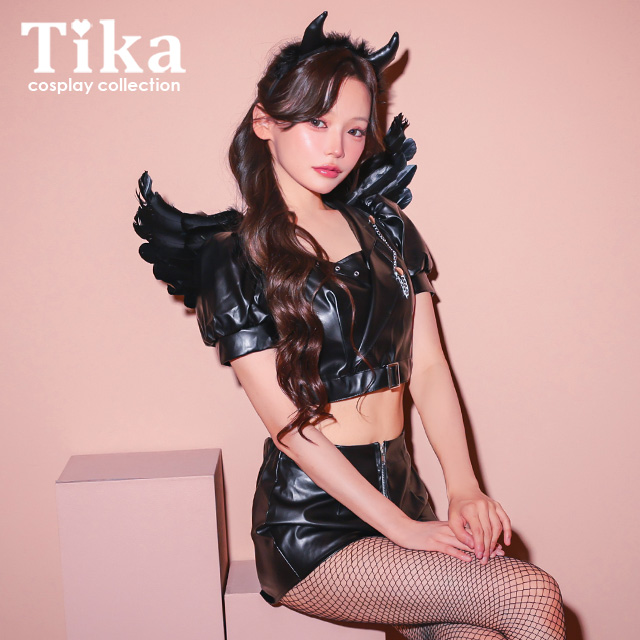 コスプレ 悪魔 4点set レザー へそ出し 堕天使 ショートパンツ デビル (トップス/パンツ/カチューシャ/羽)【ハロウィン】[tk-hw916451]のメイン画像