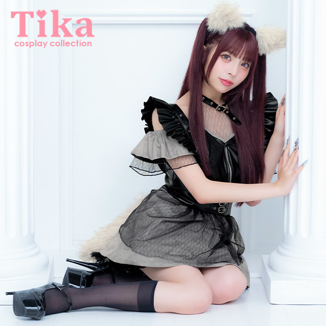 コスプレ オオカミ 4点セット メイド ウルフ レザー フロントジップ リング付き へそ出し (トップス/サスペンダースカート/カチューシャ/しっぽ)【ハロウィン】[tk-hw916468]のメイン画像