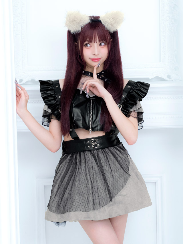 コスプレ オオカミ 4点セット メイド ウルフ レザー フロントジップ リング付き へそ出し (トップス/サスペンダースカート/カチューシャ/しっぽ)【ハロウィン】[tk-hw916468]のイメージ画像1