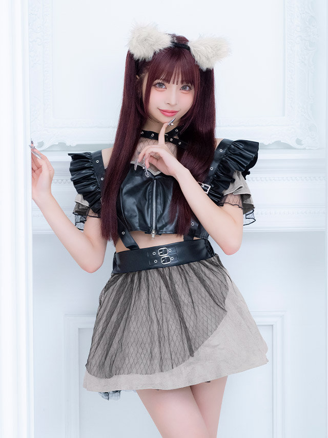 コスプレ オオカミ 4点セット メイド ウルフ レザー フロントジップ リング付き へそ出し (トップス/サスペンダースカート/カチューシャ/しっぽ)【ハロウィン】[tk-hw916468]のイメージ画像2